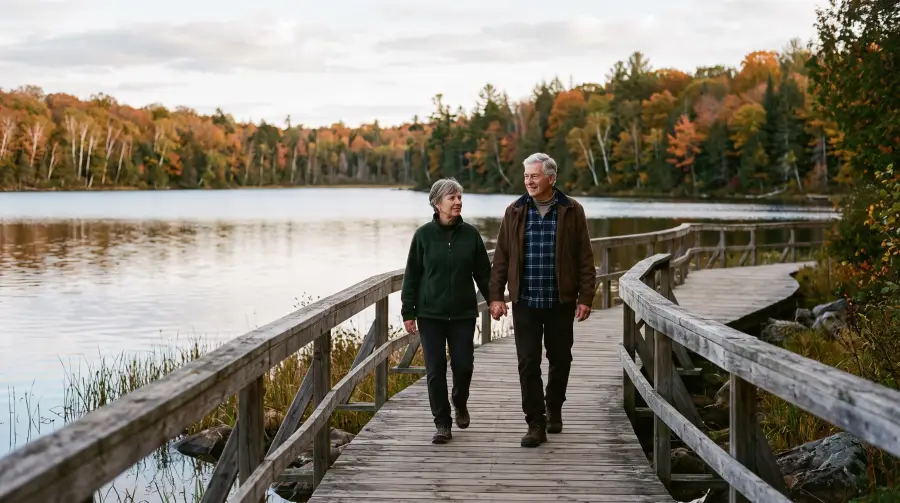 A couple of about seventy walking along a lakeshore boardwalk in early autumn.