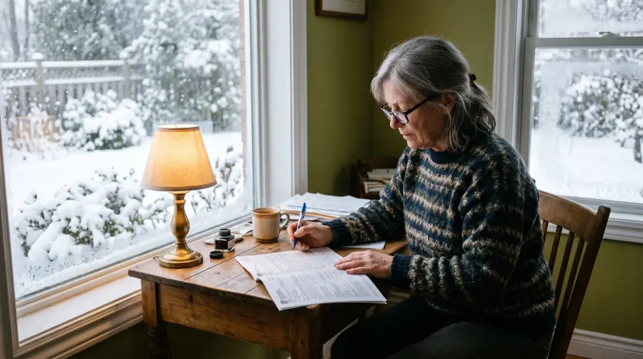 A woman in her early sixties filling in a paper form at a desk by a snowy window.