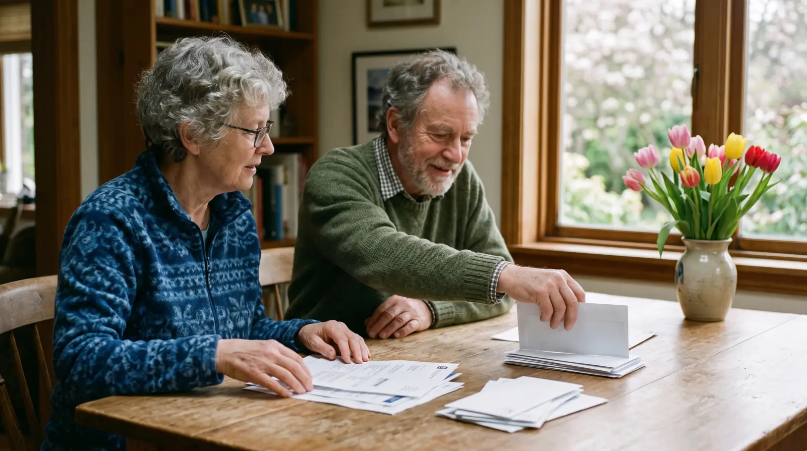 A couple in their late sixties sorting envelopes at a dining table, tulips on the windowsill.