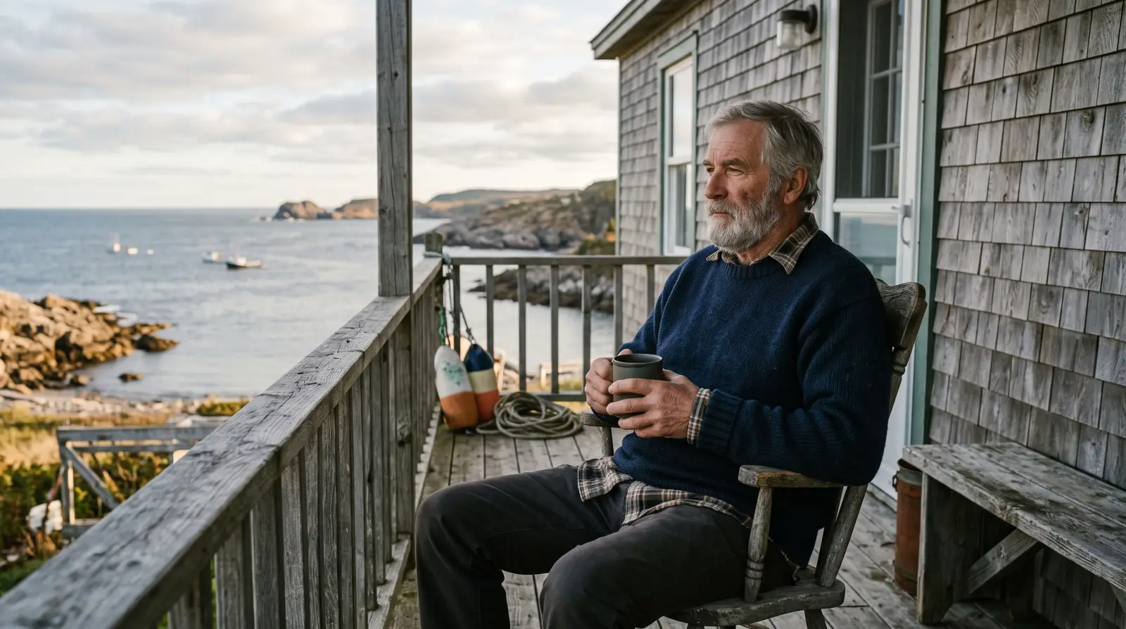 A man of about seventy on the porch of a shingled house by the sea, holding a mug.