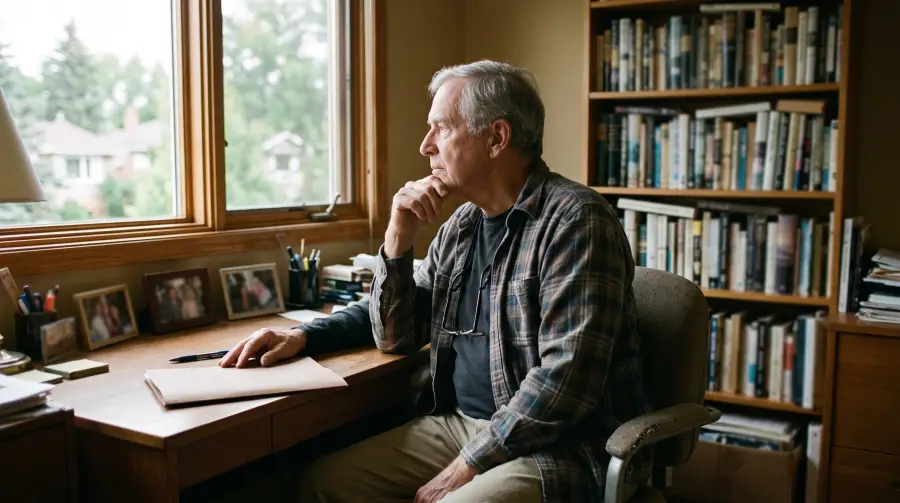 A man in his early seventies at a desk in a home office, looking out of the window.