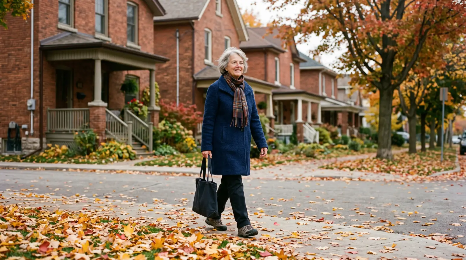 A woman in her seventies walking along a leafy residential street in autumn.