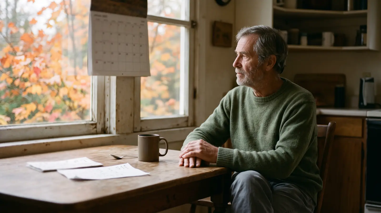 A man in his late sixties at a kitchen table on an autumn morning, a paper calendar by the window.