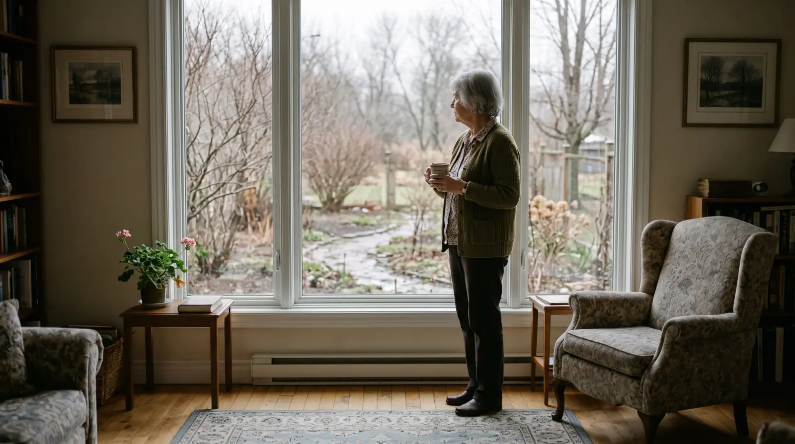 A woman in her seventies standing at a living-room window with a cup of tea on an overcast day.
