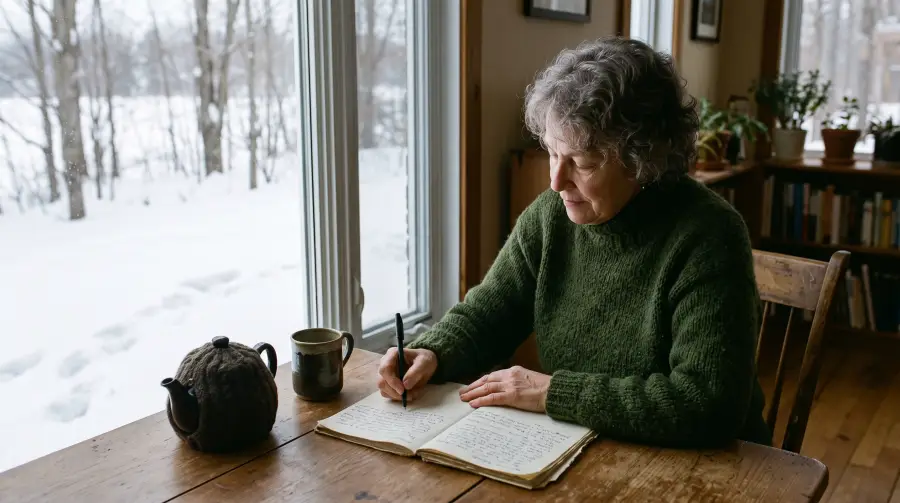 A woman in her late sixties writing in a notebook at a table by a frosted January window.