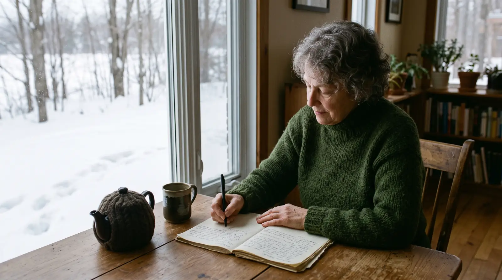 A woman in her late sixties writing in a notebook at a table by a frosted January window.