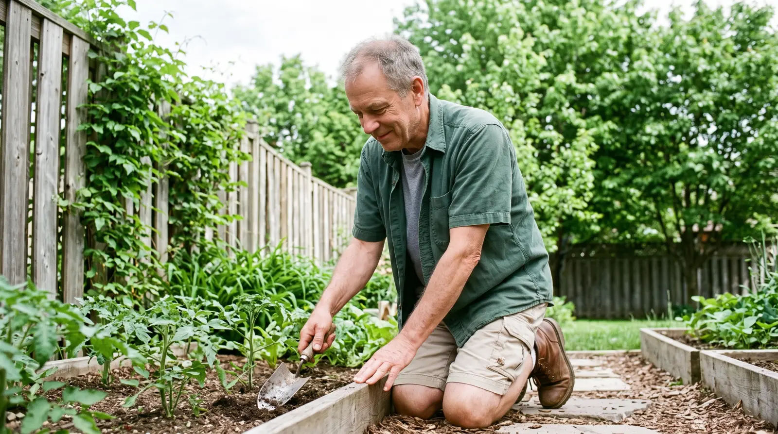 A man in his mid sixties kneeling at a vegetable bed in a backyard garden in summer.