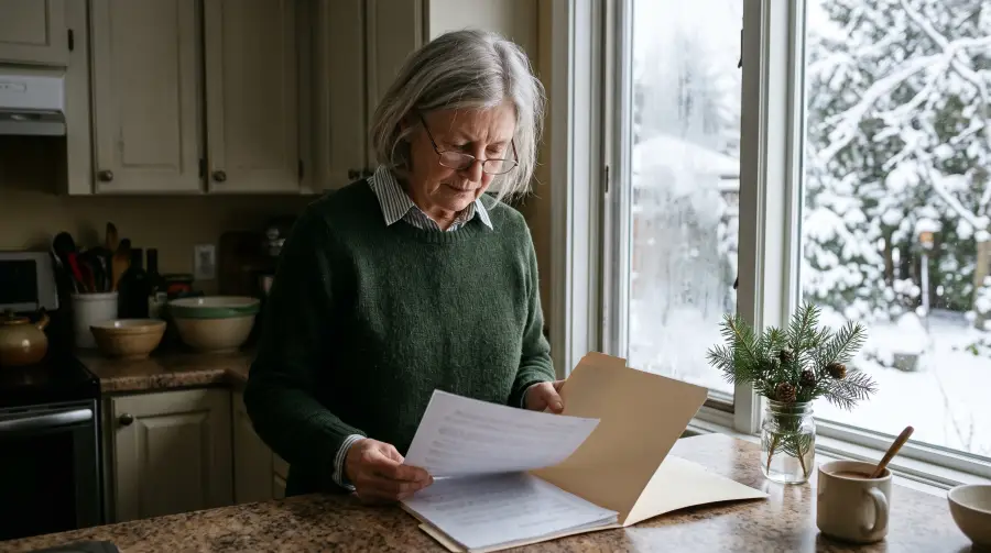 A woman of about seventy reading papers in a folder at a kitchen counter in winter.