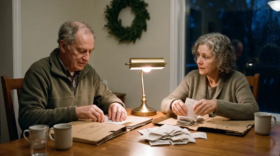 A couple in their seventies sorting paper receipts into folders under a lamp on a December evening.